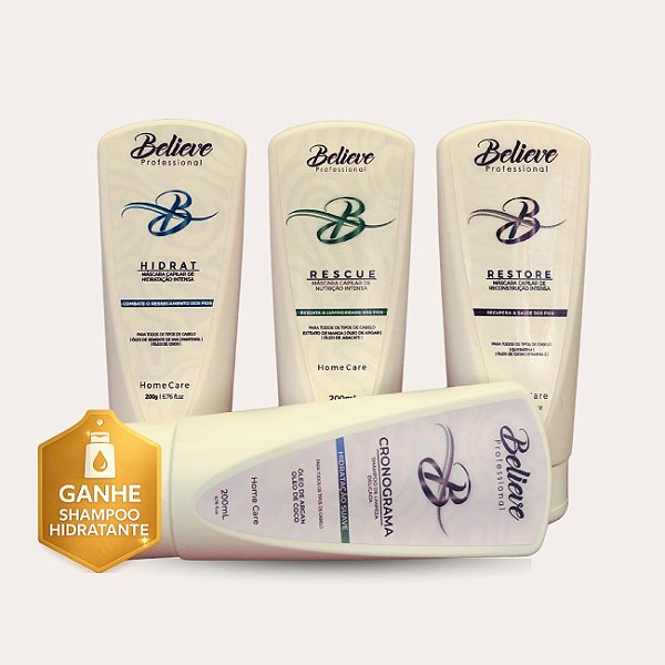 Kit Cronograma Capilar Believe + Shampoo Hidratante (Brinde)