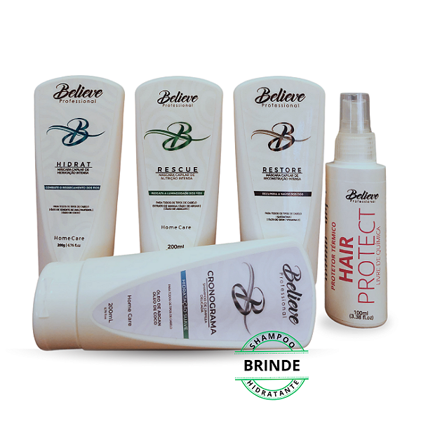 Kit Cronograma Capilar Believe + Hair Protect + Shampoo Hidratante (Brinde)