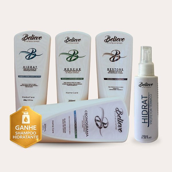 Kit Cronograma Capilar Believe + Protetor Térmico + Shampoo Hidratante (Brinde)