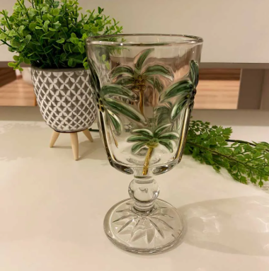 TAÇA P/ ÁGUA DE VIDRO TROP PALM HAND PAINTING 310ML - LYOR