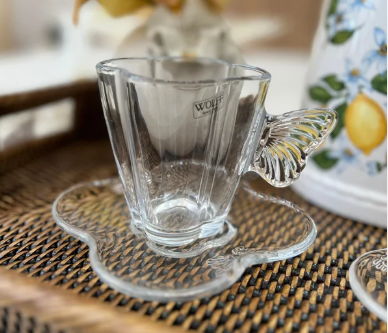 CJ 4 XÍCARAS DE VIDRO PARA CHÁ COM PIRES BUTTERFLY 180ML - WOLFF