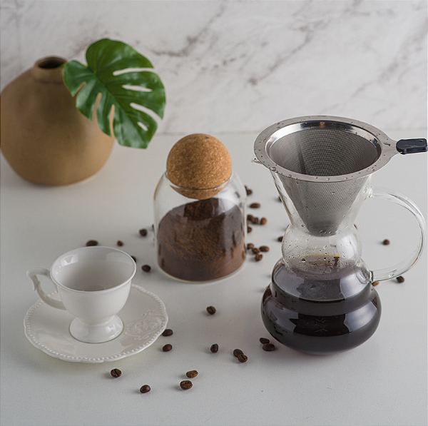 CAFETEIRA DE VIDRO BOROSSILICATO RESISTENTE A CALOR COM FILTRO EM INOX 500ML - LYOR