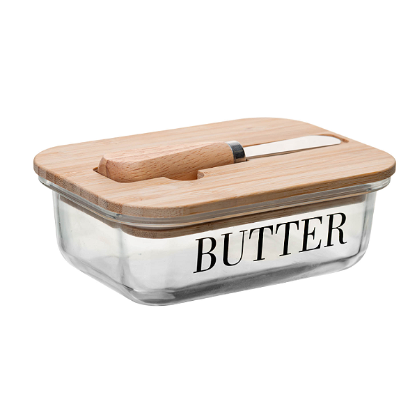 MANTEIGUEIRA DE CRISTAL COM TAMPA DE BAMBU E ESPÁTULA BASIC 15X11CM - WOLFF
