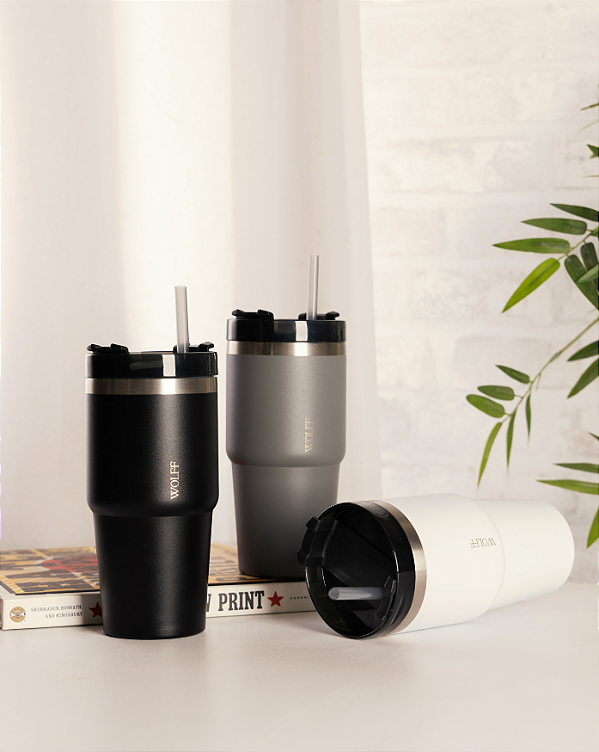 COPO TÉRMICO PAREDE DUPLA AÇO INOX COM CANUDO E TAMPA SLIMTERM COM BASE ERGONÔMICA 590ML - WOLFF