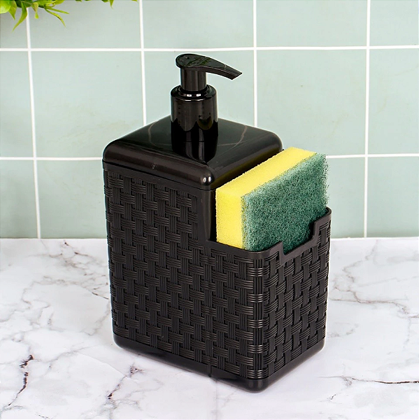 PORTA DETERGENTE COM SUPORTE PARA ESPONJA COM DISPENSER RATTAN PRETO - ARQPLAST