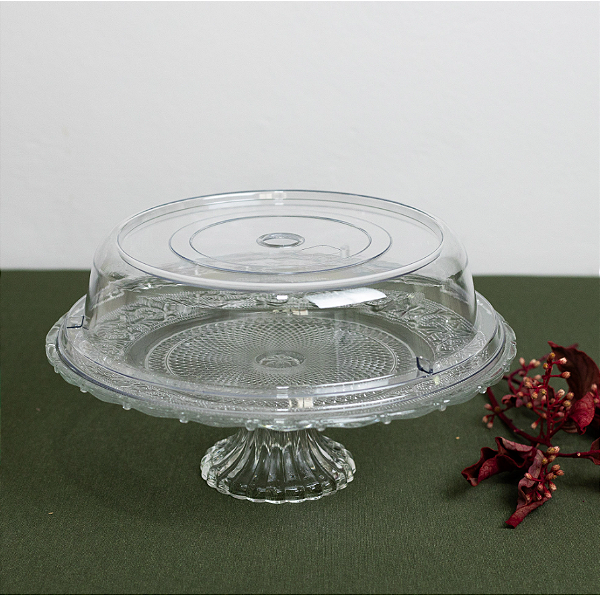 PRATO PARA BOLO DE VIDRO COM TAMPA DE PLÁSTICO ANGEL 30X10CM - LYOR