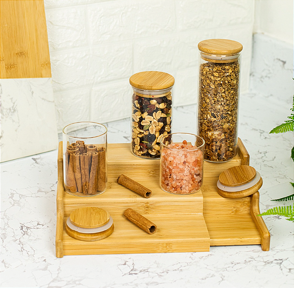 PORTA MANTIMENTOS DE VIDRO BOROSSILICATO COM TAMPA DE BAMBU 210ML - WOLFF