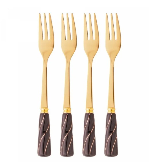 KIT 4 GARFOS PARA PETISCO DE AÇO INOX COM CABO DE CERÂMICA PRETO COM DOURADO - WOLFF