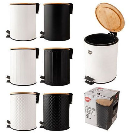 LIXEIRA DE METAL COM TAMPA DE BAMBU E PEDAL 5L - CLINK