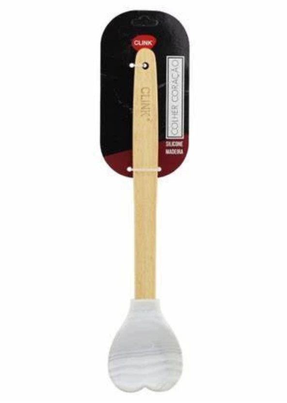 COLHER DE SILICONE CORAÇÃO MÁRMORE COM CABO DE MADEIRA 30CM - CLINK
