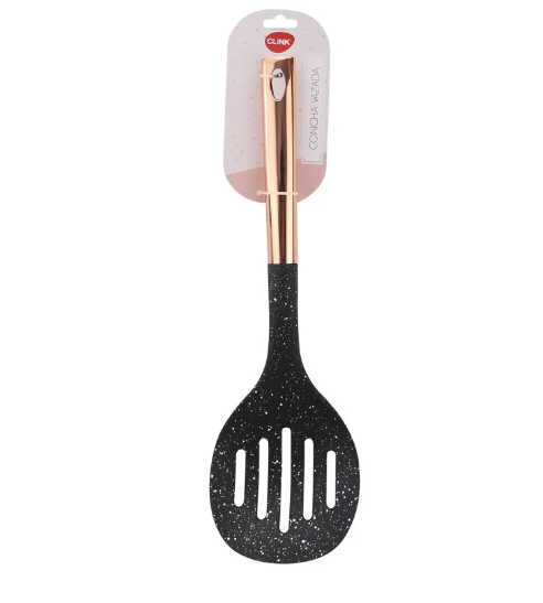 ESPÁTULA GRANDE VAZADA DE NYLON COM CABO DE AÇO INOX ROSÊ GOLD 35X11CM- CLINK