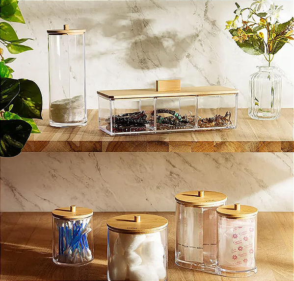 PORTA COTONETE DE POLIESTIRENO COM TAMPA DE BAMBU MY BOX 10X7CM - LYOR