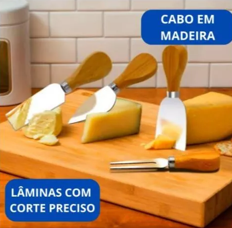 KIT PARA QUEIJO COM 5 PEÇAS BASE DE MADEIRA E AÇO INOX - CLINK