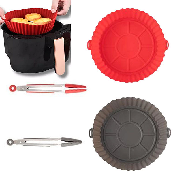 KIT FORMA REDONDA DE SILICONE 21CM PARA FRITADEIRA ELÉTRICA E PEGADOR DE AÇO INOX E SILICONE 18CM - CLINK