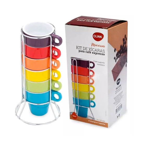 KIT COM 6 CANECAS DE CERÂMICA 50ML E SUPORTE METÁLICO - CLINK