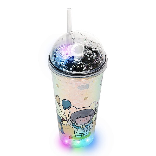 COPO DECORATIVO DE PLASTICO COM CANUDO E LUZ LED ASTRONAUTA 460ML - LYOR