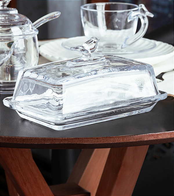 MANTEIGUEIRA DE CRISTAL ECOLÓGICO RETANGULAR COM TAMPA BIRD 18CM X 10CM - WOLFF