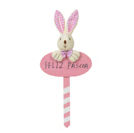 PLACA DECORATIVA COM COELHO DE PELÚCIA ROSA 28CM - FLORARTE