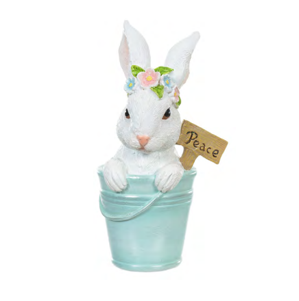 OBJETO DECORATIVO DE RESINA COELHO NO BALDE (AZUL BRANCO) 14,8X6,8X7,7 - FLORARTE