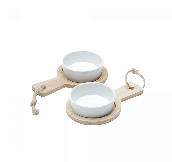 KIT COM 2 PETISQUEIRAS DE CERÂMICA COM BANDEJA DE BAMBU 16X10CM - LYOR