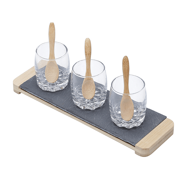 KIT 3 MOLHEIRAS DE VIDRO COM COLHER DE BAMBU E BANDEJA DE ARDÓSIA 26X8CM - LYOR