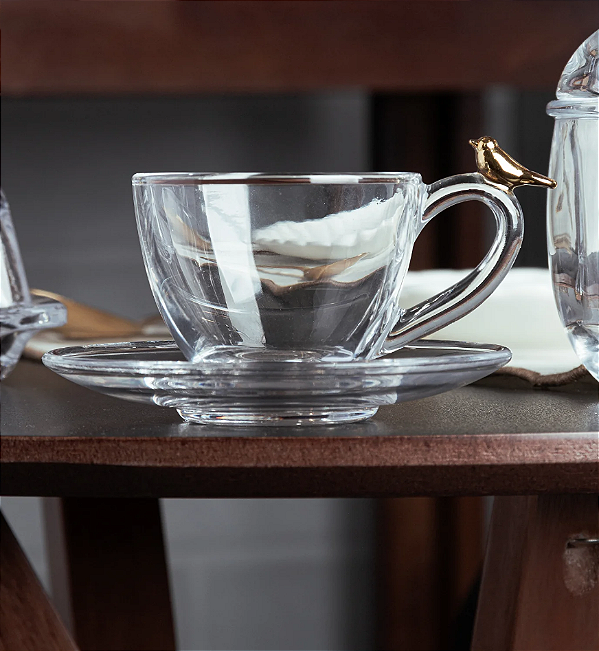 KIT 4 XÍCARAS DE CAFÉ COM PIRES DE CRISTAL ECOLÓGICO GOLDEN BIRD 80ML - WOLFF