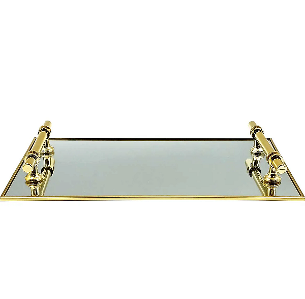 BANDEJA DE METAL ESPELHADA COM ALÇA DECORATIVA DOURADA 35X20CM - C3B