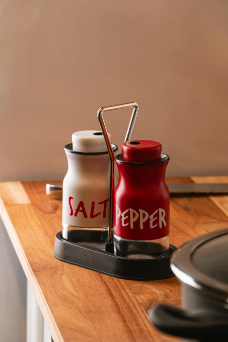 CONJUNTO 3 PEÇAS SALEIRO E PIMENTEIRO DE VIDRO COM SUPORTE EM METAL 130ML - WOLFF