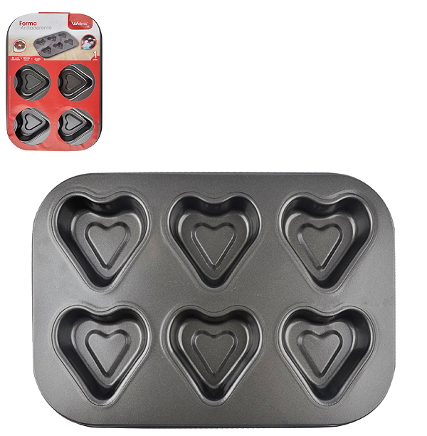FORMA ASSADEIRA DE AÇO CARBONO ANTIADERENTE PARA CUPCAKE DE CORAÇÃO 6 CAVIDADES 26X18CM - WELLMIX