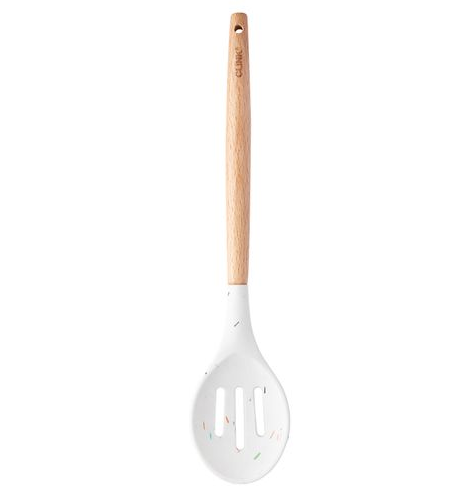 COLHER DE SILICONE VAZADA COM CABO DE MADEIRA CONFEITO 31X6CM - CLINK