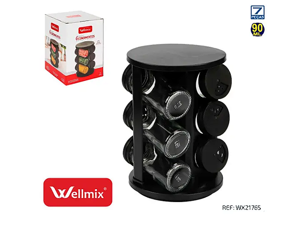 PORTA CONDIMENTOS GIRATÓRIO COM 6 VIDROS DE 90ML REDONDO PRETO - WELLMIX