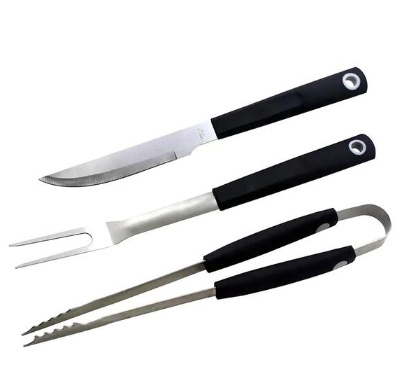 JOGO PARA CHURRASCO 3 PEÇAS GARFO, PEGADOR E FACA EM AÇO INOX COM CABO EMBORRACHADO - FULLFIT