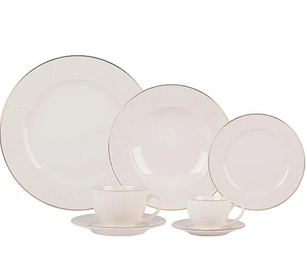 Aparelho de jantar em new bone china branco com relevo e filado dourado 42 peças