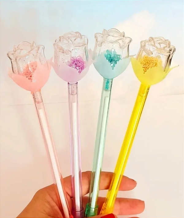 CANETA FOFA FLOR COM LANTEJOULAS - DAFU