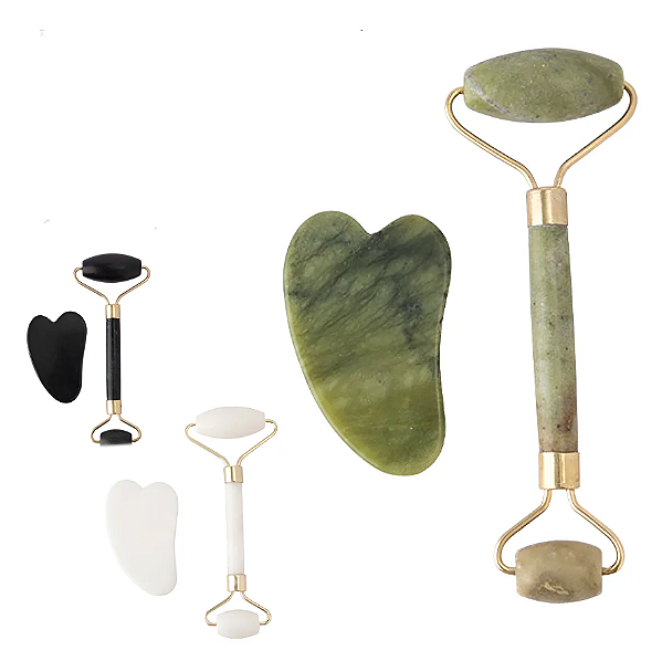MASSAGEADOR FACIAL EM ROLINHO + PLACA GUA SHA ANTI RUGAS PEDRA JADE - C3B