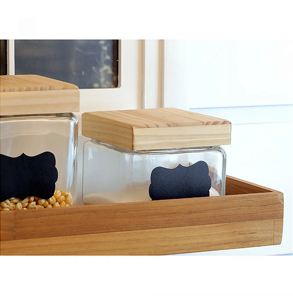 POTE DE VIDRO COM TAMPA DE PINUS E ADESIVO CUSTOMIZÁVEL 800ML - WOLFF