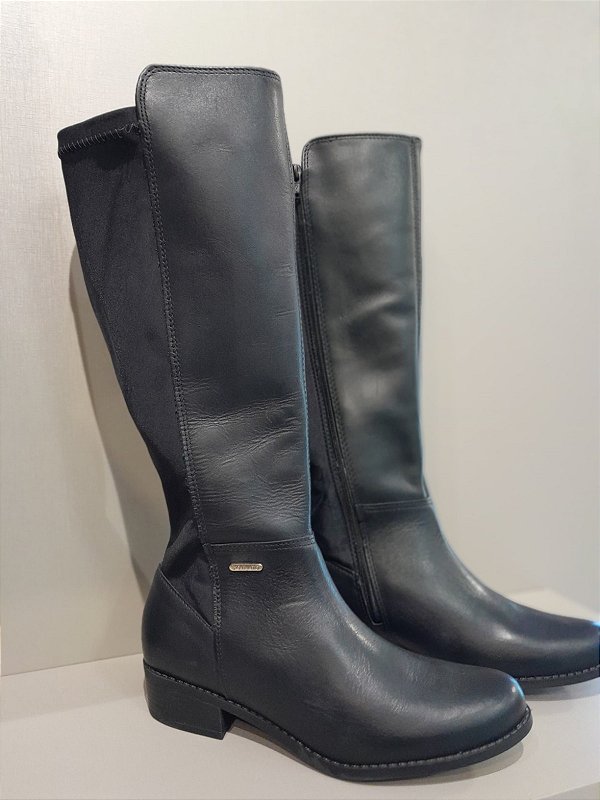 345801 BOTA CANO LONGO COURO ATANADO NAPOLI/TECIDO LYCRA PTO/OURO/PRETO