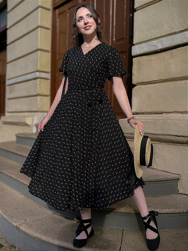 Vestido de Viscose Riviera (Poá- Manga Borboleta)