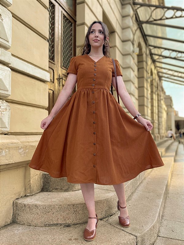 Vestido de Linho Anos Dourados (Caramelo)