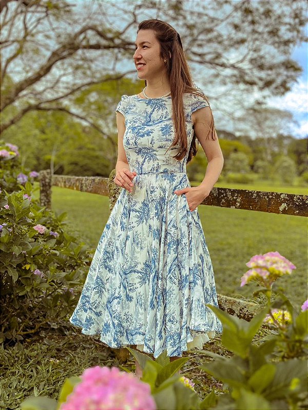 Vestido de Viscose Audrey (Toile de Jouy)