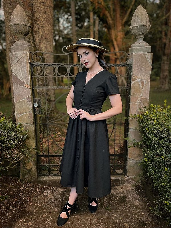 Vestido de Linho Anos Dourados (Preto) PRONTA ENTREGA