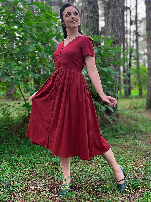 Vestido de Linho Anos Dourados (Merlot) PRONTA ENTREGA