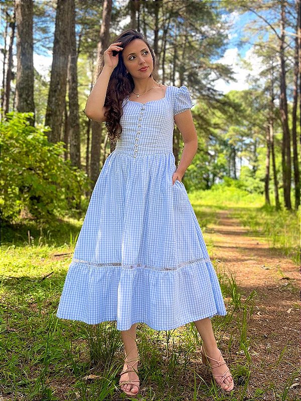 Vestido de Algodão Jardim Austen (Vichy Sereno) PRONTA ENTREGA