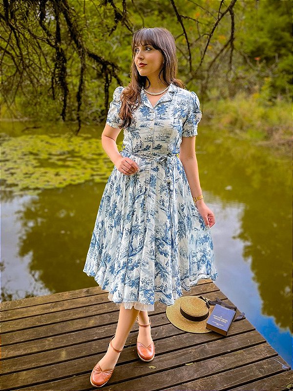 Vestido de Viscose Summer Finn (Toile de Jouy) PRONTA ENTREGA