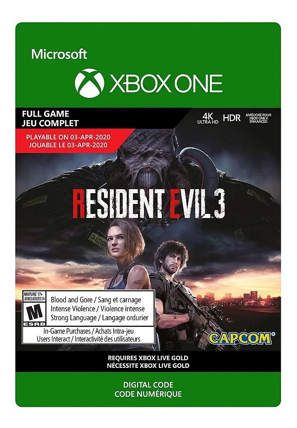 Resident Evil 3 Remake Xbox One Código de 25 Dígitos