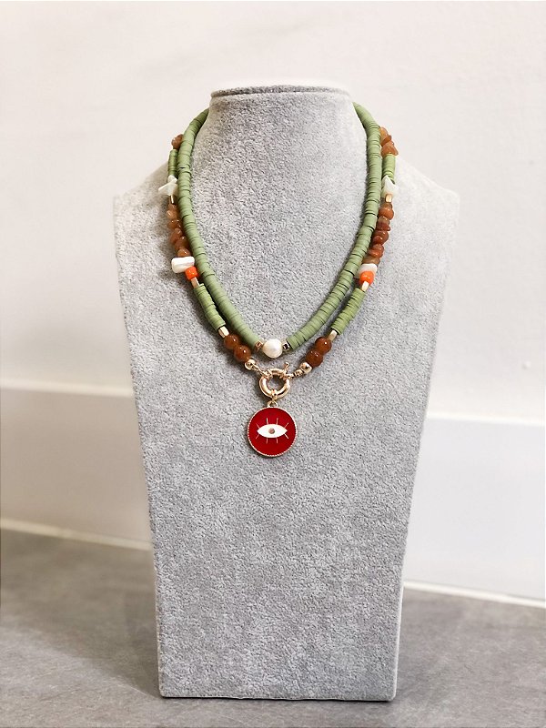 Colar Feminino Pedras Olho Grego Specchio Verde