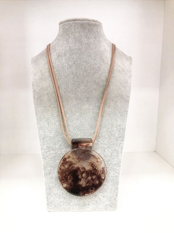 Colar Feminino Corda Pedra Grande Specchio Marrom