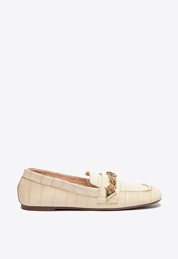Mocassim Feminino Couro Croco Detalhe Corrente Schutz Bege