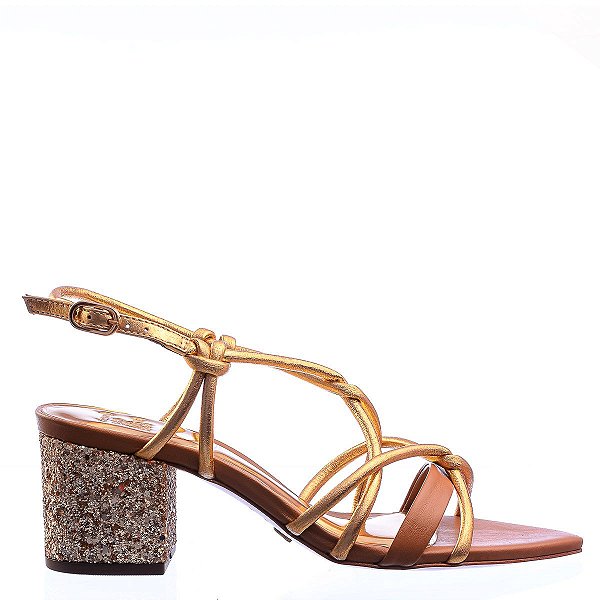 Sandália Feminina Espelhada Glitter Bico Folha Vicenza Dourada