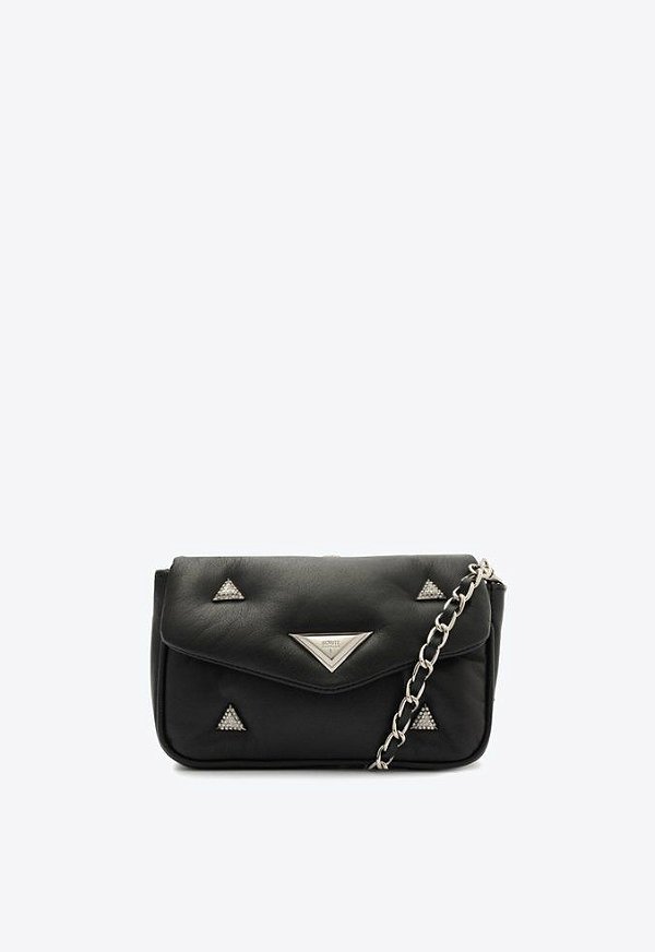 Bolsa Feminina Pequena Couro Tiracolo Corrente Aplicações Triangular Brilhante Schutz Preto